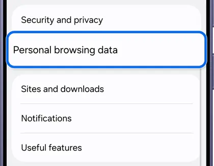 Samsung Internet settings with Personal browsing data option highlighted.
