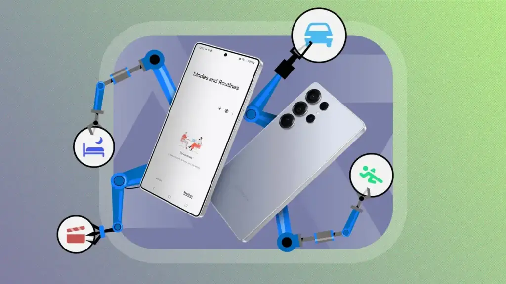 Galaxy S25 Ultra graphic showing automated Routines icons.