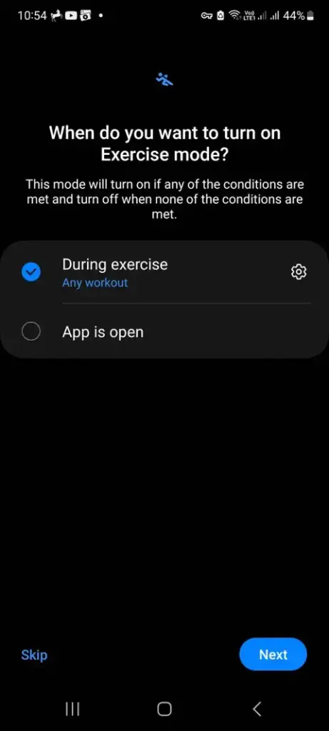Modes settings screen showing custom mode options in One UI