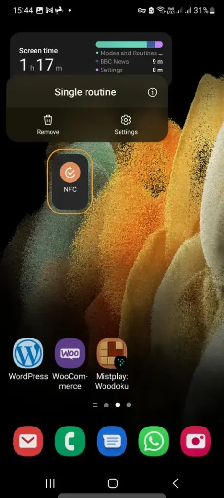 Routines widget placed on a Samsung Galaxy home screen