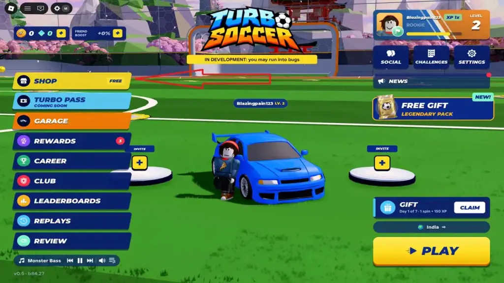 Turbo Soccer main menu with the Shop icon on the left side of the screen