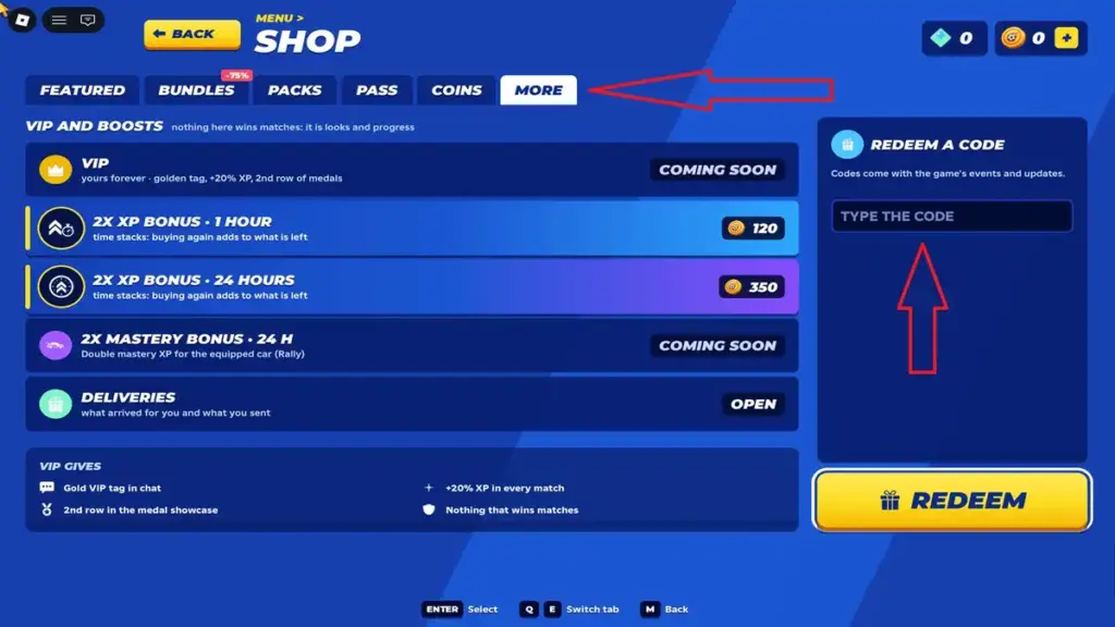 Codes redemption menu inside the Turbo Soccer Shop with the More tab selected