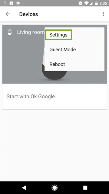 Settings option highlighted in the device options menu