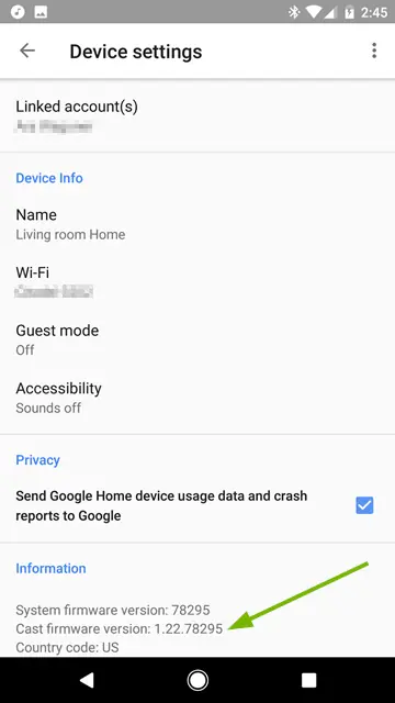Cast firmware version number shown on the device settings screen