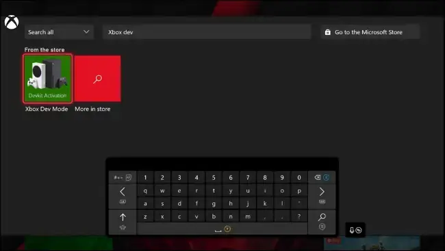Search box on Xbox dashboard showing the Xbox Dev Mode app