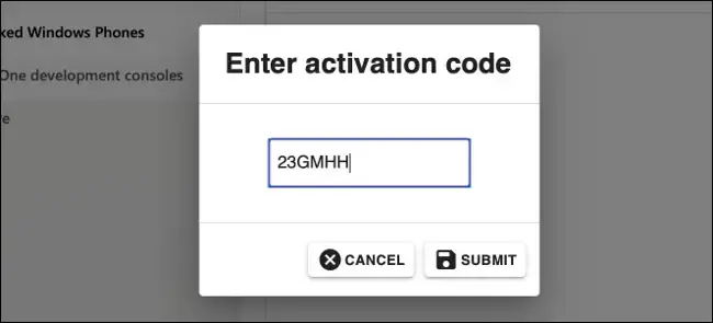 Partner Center page for entering an Xbox Dev Mode activation code